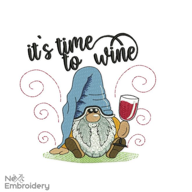 Time to Wine Gnome Embroidery Design
