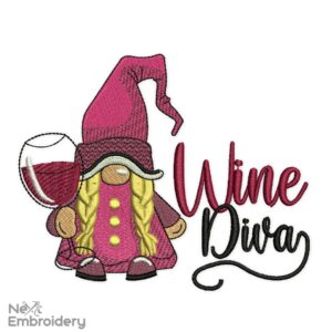 Wine Diva Gnome Embroidery Design