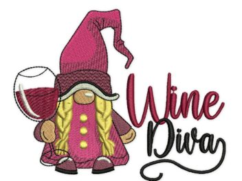 Wine Diva Gnome Embroidery Design