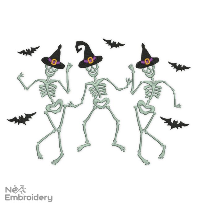 Dancing Halloween Hat Skeletons Embroidery Design
