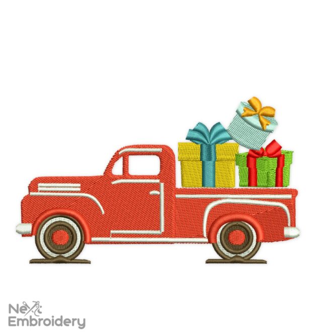 Christmas Gifts Truck Machine Embroidery Design. Winter Holiday Pickup. Merry Christmas