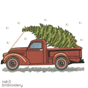 Christmas Pickup Embroidery Design, Christmas Tree Vintage Truck Machine Embroidery File