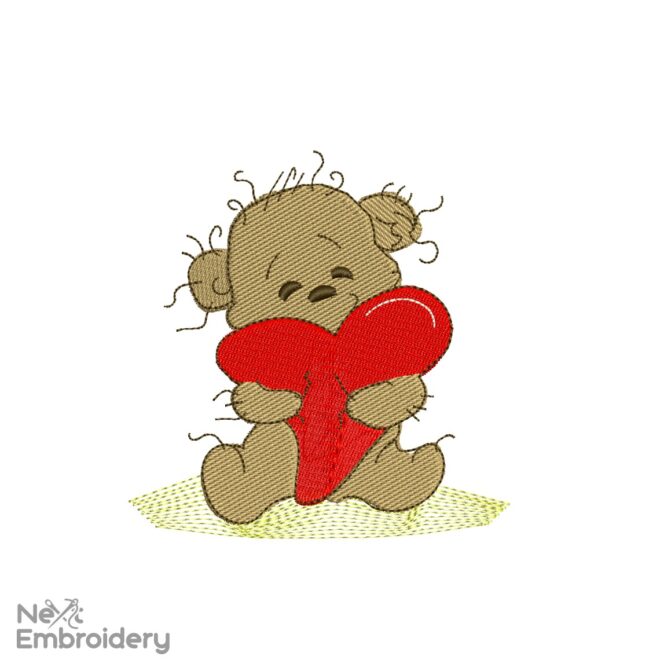 Cute Teddy Bear with Heart Embroidery Designs, Valentine's day Embroidery Designs