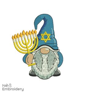 Hanukkah Gnome Embroidery Design, Jewish Gnome with Menorah Embroidery Design