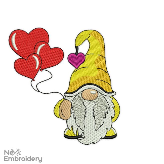 Heart Balloons Gnome Embroidery Designs, Valentines Day Embroidery Designs