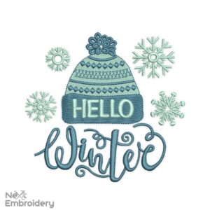 Hello Winter Embroidery Design, Snow Beanie Hat Machine Embroidery Design