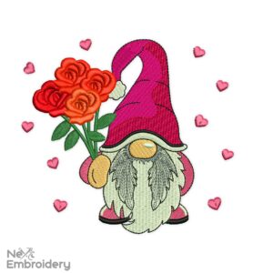 Love Roses Gnome Embroidery Designs, Valentine's day Embroidery Designs