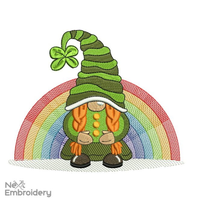 Rainbow Gnome Girl Patricks Day Embroidery Designs, Holiday Embroidery Designs