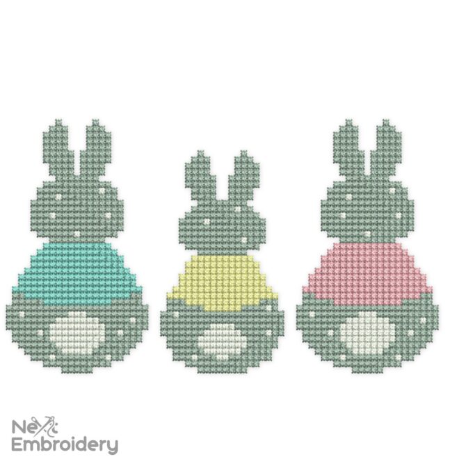 Bunny Trio Embroidery Design, Cross Stitch Simulated, French Knot, Peep Embroidery Design, Easter Embroidery Design