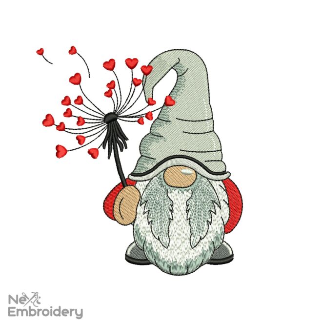 Dandelion Love Gnome Embroidery Design, Valentines Day Embroidery Designs