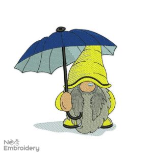 Gnome with Umbrella Embroidery Design. Rain Fall Autumn Yellow Gnome