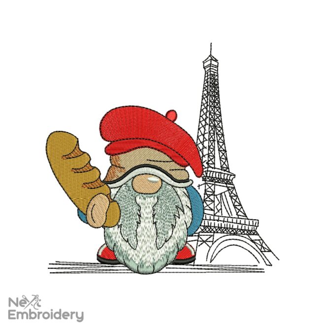 Paris Gnome Embroidery Design, Eiffel Tower Machine Embroidery Designs