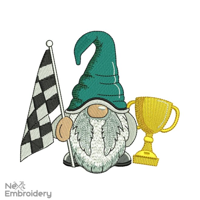 Racer Gnome Embroidery Design, Racing Embroidery Design, Trophy Cup Embroidery File