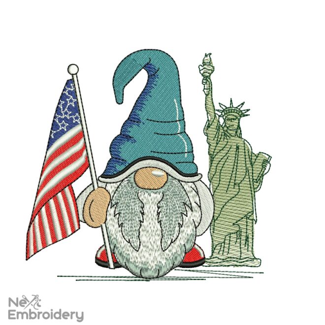Statue of Liberty Gnome Embroidery Designs, 4th July Embroidery Designs