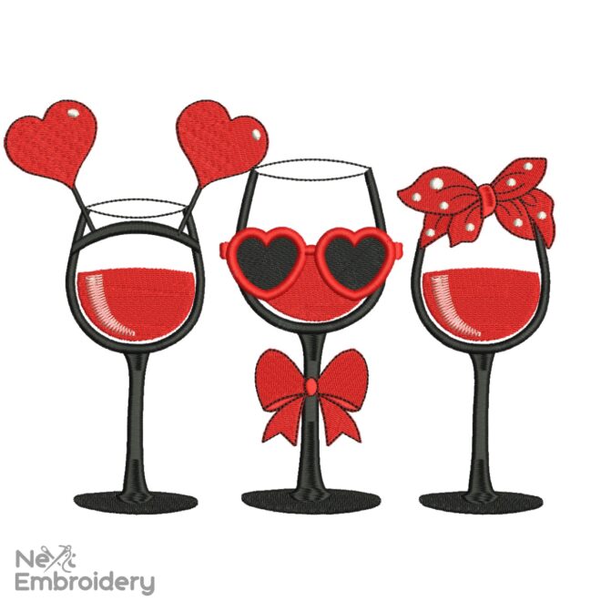 Wine Valentines embroidery design, Valentine's Day Machine embroidery File