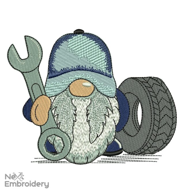 Car Mechanic Gnome Embroidery Design, Gift for Boy, Auto Tire Embroidery Designs