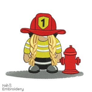 Firefighter Girl Gnome Embroidery Design, Fireman Machine Embroidery Design