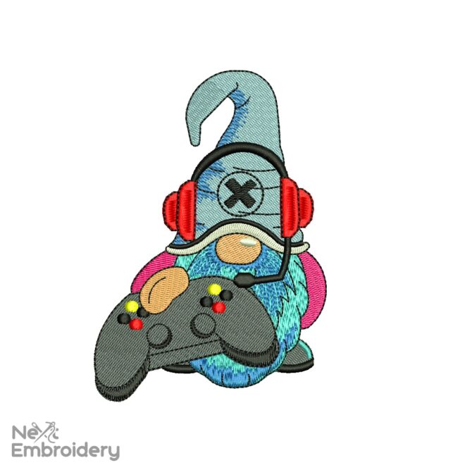 Gamer Gnome Embroidery Design, Video Game Embroidery Designs