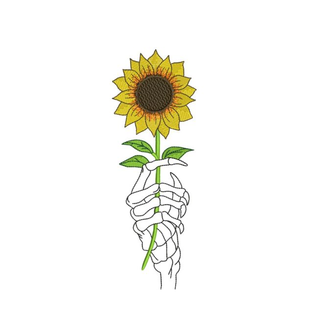 Sunflower Embroidery Designs, Skeleton Hand with Sunflower Machine Embroidery File