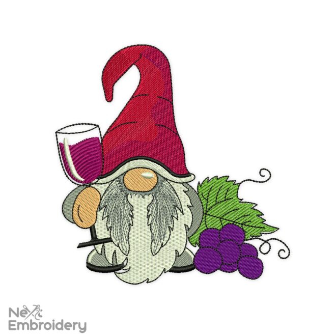 Wine Gnome Embroidery Design, Wine Embroidery Design, Teatowel embroidery design