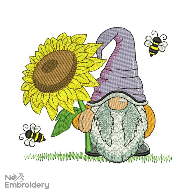 Bee Gnome Embroidery Design, Summer Embroidery designs, Bee Kind Machine Embroidery File