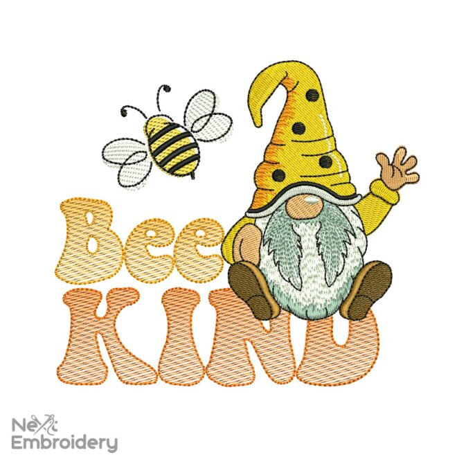 Bee Kind Gnome Embroidery Design, Machine Embroidery designs, Summer Machine Embroidery File