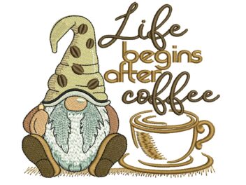 Coffee Gnome Embroidery Design, Life begins after Coffee Embroidery Design, Teatowel embroidery design