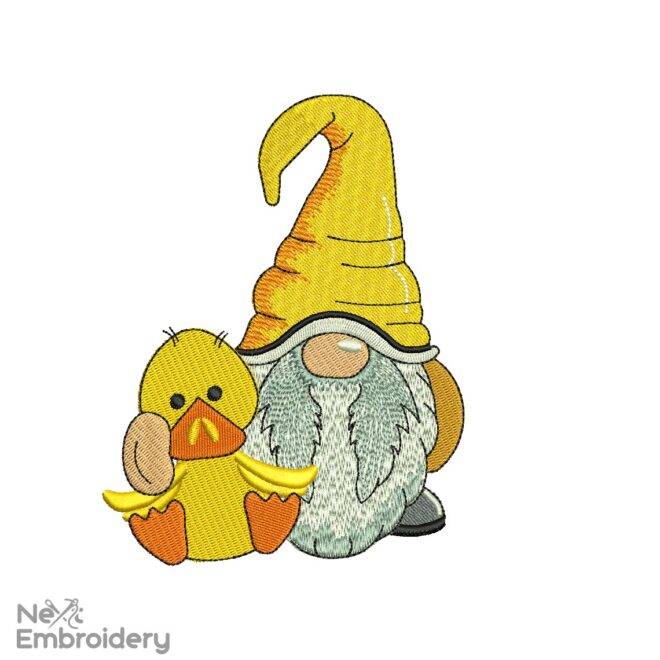 Gnome with Yellow Duck Embroidery Design, Summer Embroidery Designs