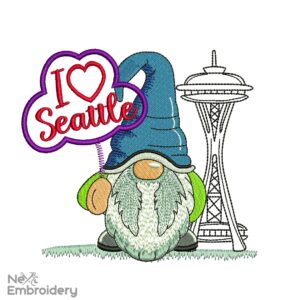 Seattle Gnome Embroidery Design, I love Seattle Machine Embroidery File