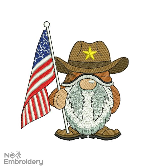 Texas American Gnome Embroidery Design, Cowboy Machine Embroidery File