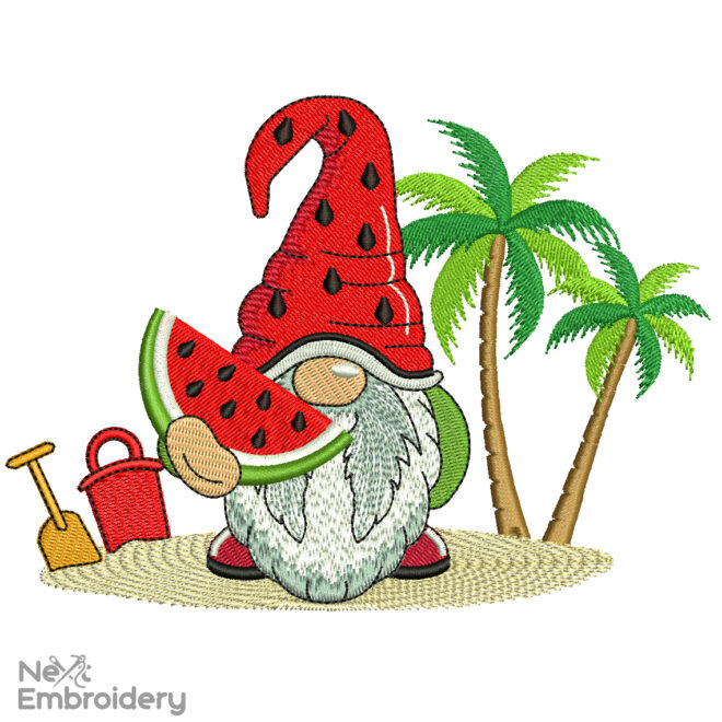 Beach Gnome with Watermelon Embroidery Design