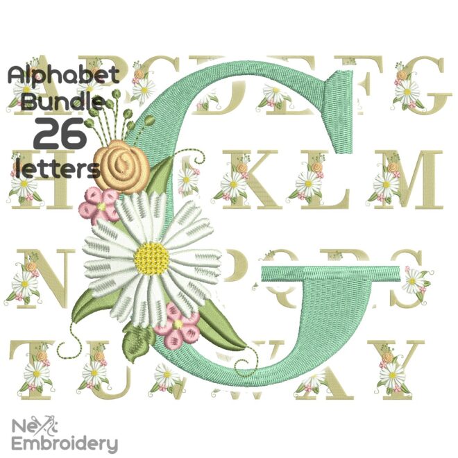 Alphabet with Flower Embroidery Design, Letter Embroidery Design with Flowers, Floral Monogram