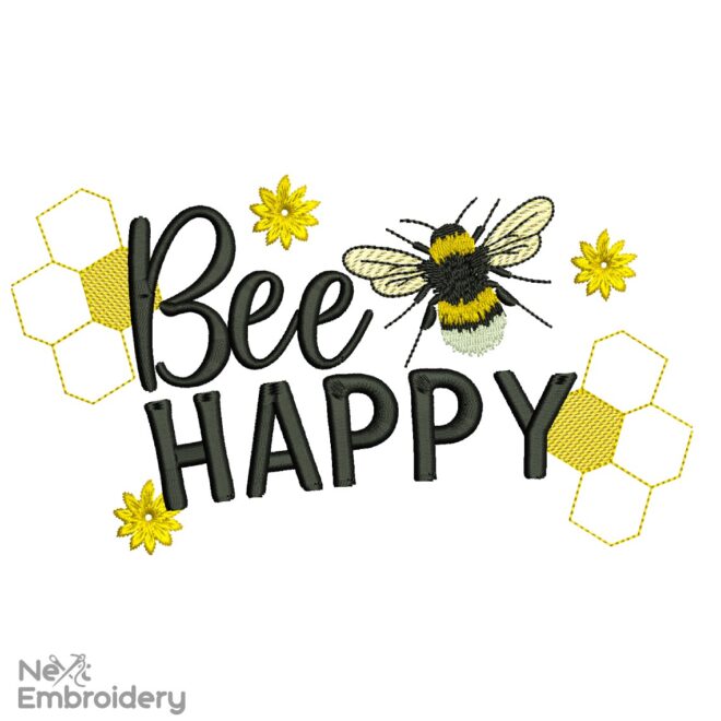Bee Happy embroidery design, Machine embroidery file