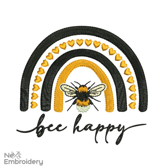 Boho Bee Happy embroidery design, Rainbow Machine embroidery file