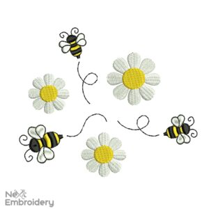 Bumble Bee and Daisies Embroidery Design, Retro Embroidery Design