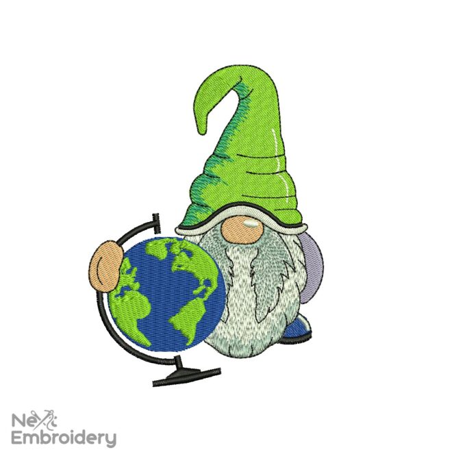 Gnome with Globe Embroidery Design, Earth Embroidery Designs