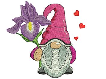 Iris Gnome Embroidery Design, Month Flower Embroidery