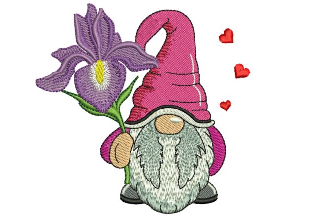 Iris Gnome Embroidery Design, Month Flower Embroidery