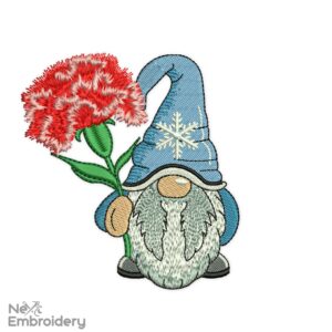 January Carnation Gnome Embroidery Design, Month Flower Embroidery