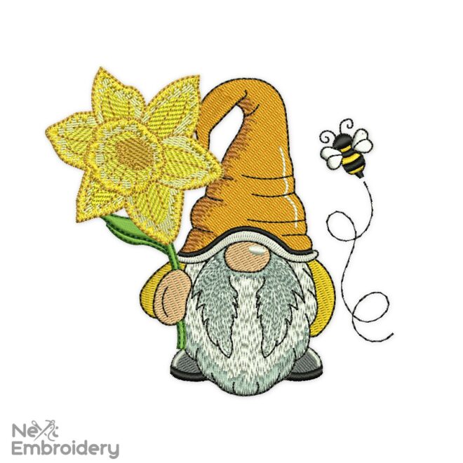 March Daffodil Gnome Embroidery Design, Month Flower Embroidery