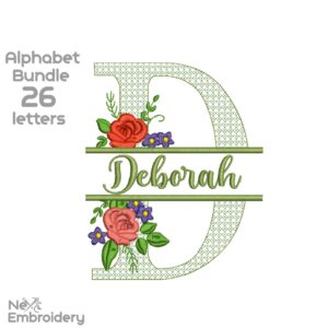 Split Alphabet with Flower Embroidery Design, Letter Embroidery Design with Flowers, Floral Monogram