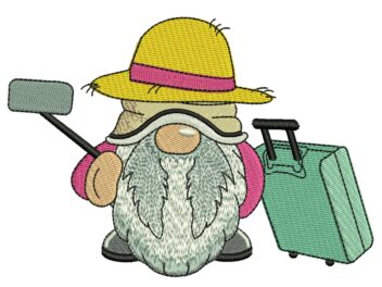 Vacation Gnome Embroidery Design. Traveler machine embroidery design
