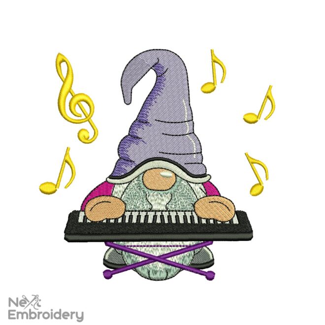 Piano Gnome Embroidery Design. Music, Note keyboard embroidery design