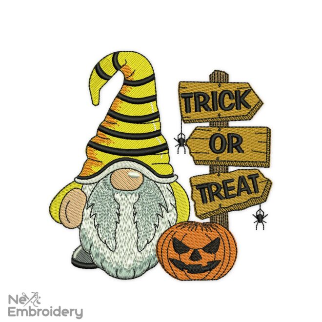 Trick or Treat Gnome Embroidery Design. Halloween Party Gnome.