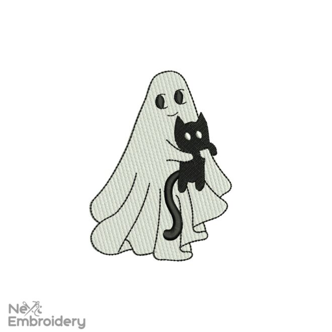 Cute Ghost with Cat Embroidery Design, Halloween Ghost Cat Embroidery Design, Boo Kitten Embroidery, Halloween Cat Machine Embroidery Files