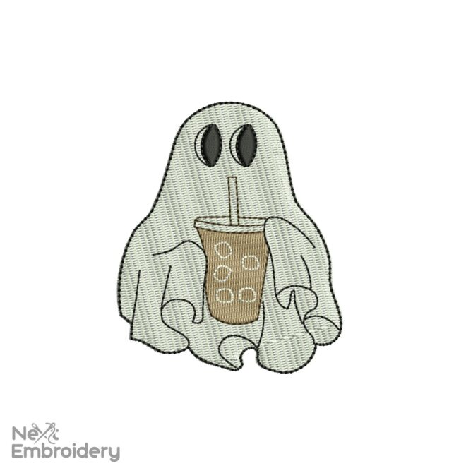 Little Ghost with Ice Coffee Embroidery Design, Halloween Ghost Embroidery Design, Boo Embroidery, Ice Coffee Machine Embroidery Files