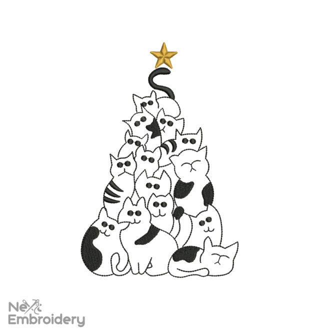 Meow Christmas Tree Embroidery Designs, Happy Cat Embroidery Designs