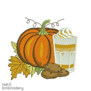 Pumpkin Spice Embroidery Design, Autumn Fall Thanksgiving Pumpkin with Cookie and Latte, Fall embroidery designs
