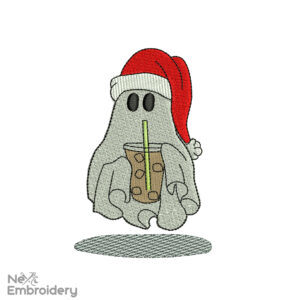 Christmas Ghost with Ice Coffee Embroidery Design, Beanie Boho Ghost Embroidery Design, Boo Embroidery, Ice Coffee Machine Embroidery Files
