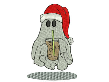 Christmas Ghost with Ice Coffee Embroidery Design, Beanie Boho Ghost Embroidery Design, Boo Embroidery, Ice Coffee Machine Embroidery Files